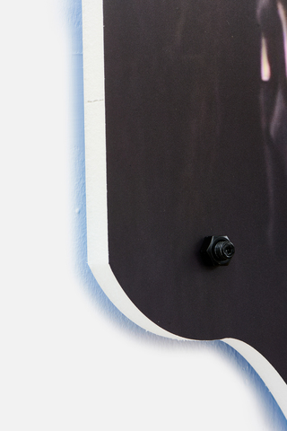 Wrong hole (using ketamine femmunism to foster derealisation), 2021. In collaboration with Andrey Bogush. UV print on light-weight foam board, painted screws, 130 x 55 x 1.9 cm, in: Von der Schenkenden Tugend, 2021, ZarinbalKhoshbakht, Cologne (detail)